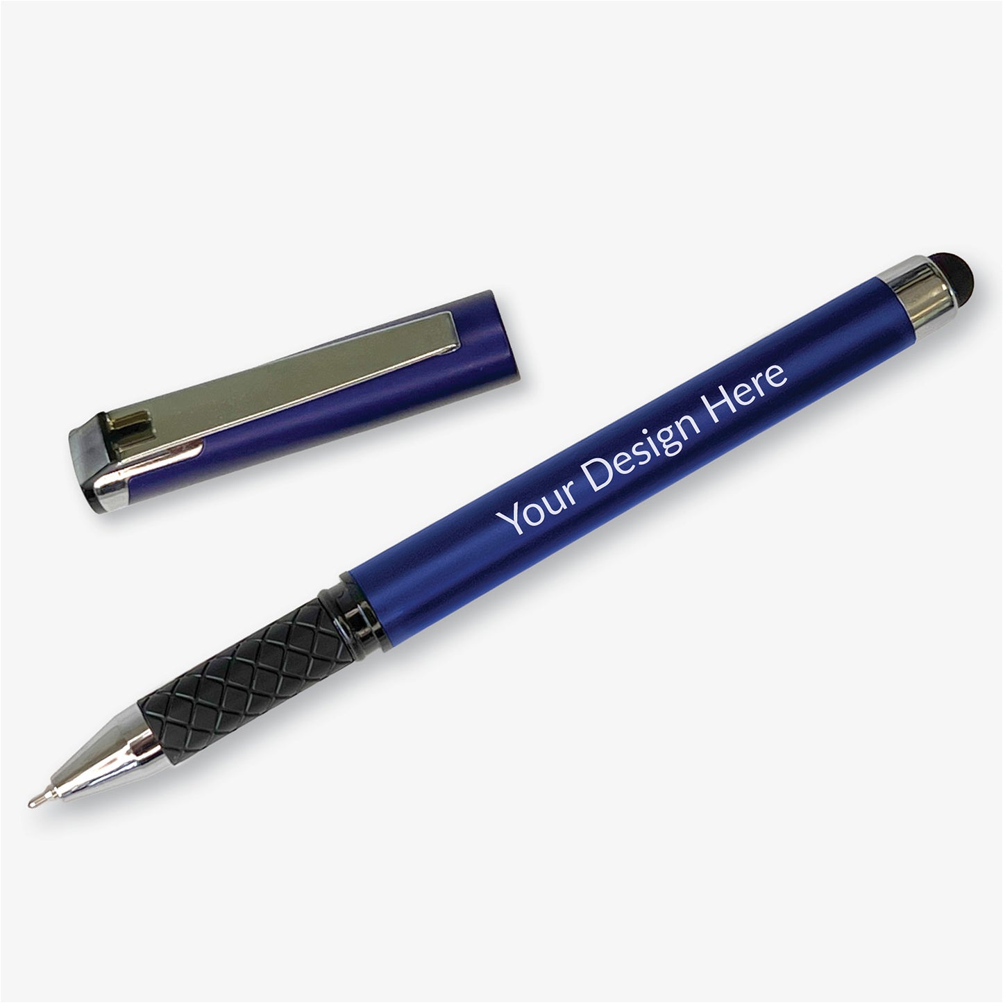 Uncapped blue personalised rollerball pen displayed diagonally beside its matching cap, with a textured black grip and stylus end.