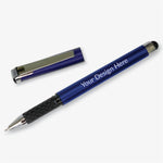 Uncapped blue personalised rollerball pen displayed diagonally beside its matching cap, with a textured black grip and stylus end.