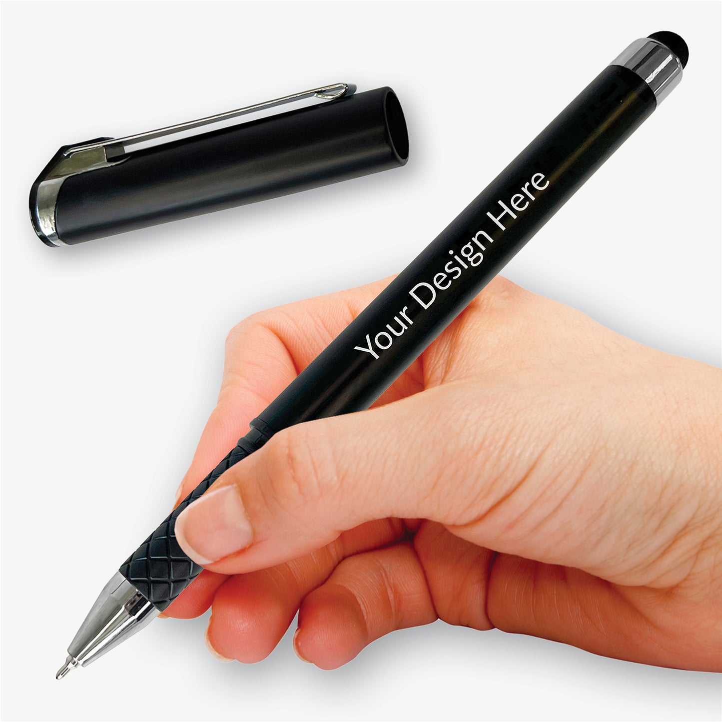 Black personalised rollerball pen held in a writing position, with its matching metal-clipped cap displayed above.