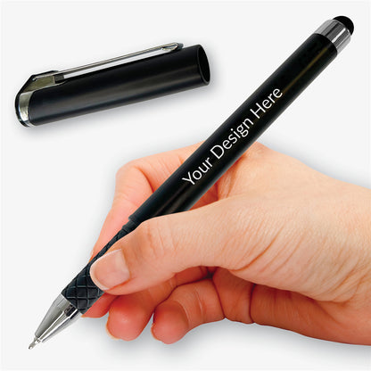 Black personalised rollerball pen held in a writing position, with its matching metal-clipped cap displayed above.