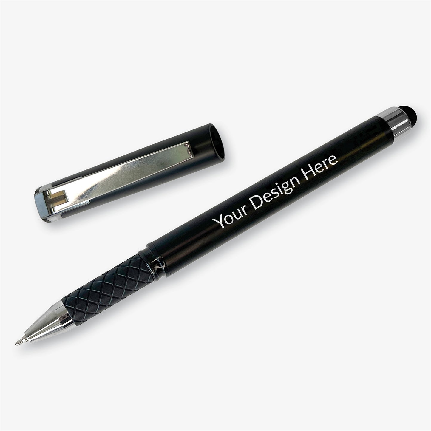 Uncapped black personalised rollerball pen displayed diagonally beside its matching cap, with a textured black grip and stylus end.