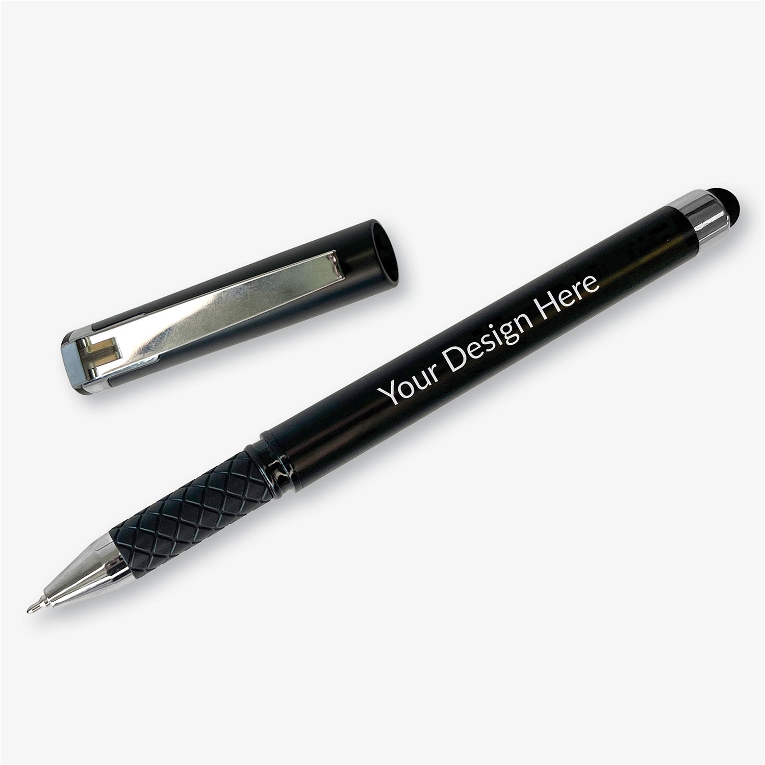 Uncapped black personalised rollerball pen displayed diagonally beside its matching cap, with a textured black grip and stylus end.
