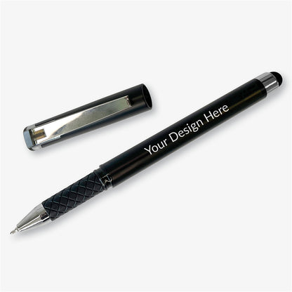 Uncapped black personalised rollerball pen displayed diagonally beside its matching cap, with a textured black grip and stylus end.