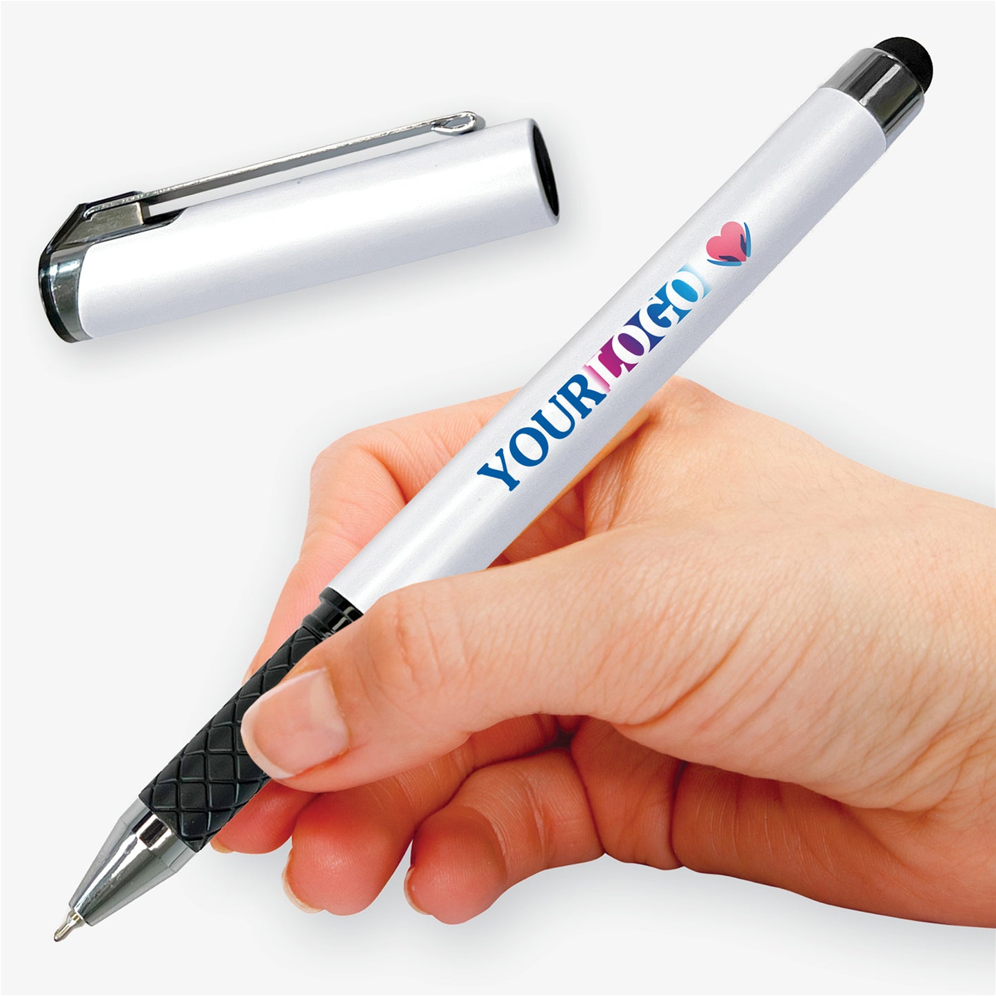 White personalised rollerball pen held in a writing position, with its matching metal-clipped cap displayed above.