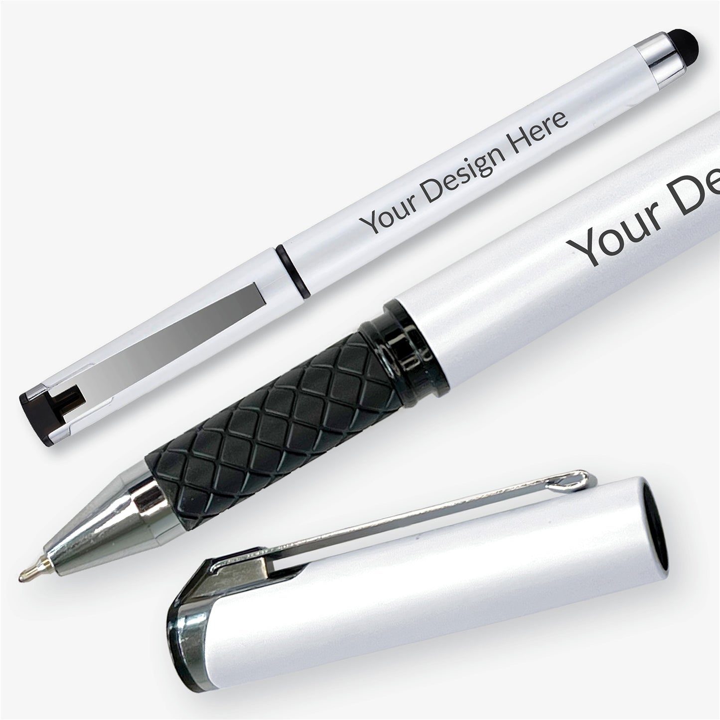 White personalised rollerball pen shown capped, uncapped and in close-up, highlighting the textured grip, metal clip and stylus end.