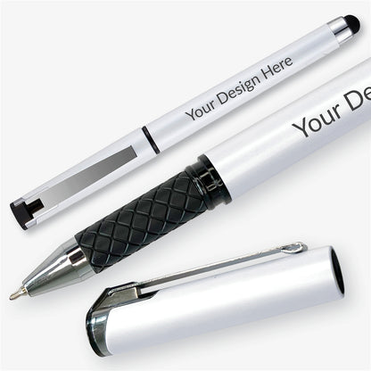 White personalised rollerball pen shown capped, uncapped and in close-up, highlighting the textured grip, metal clip and stylus end.