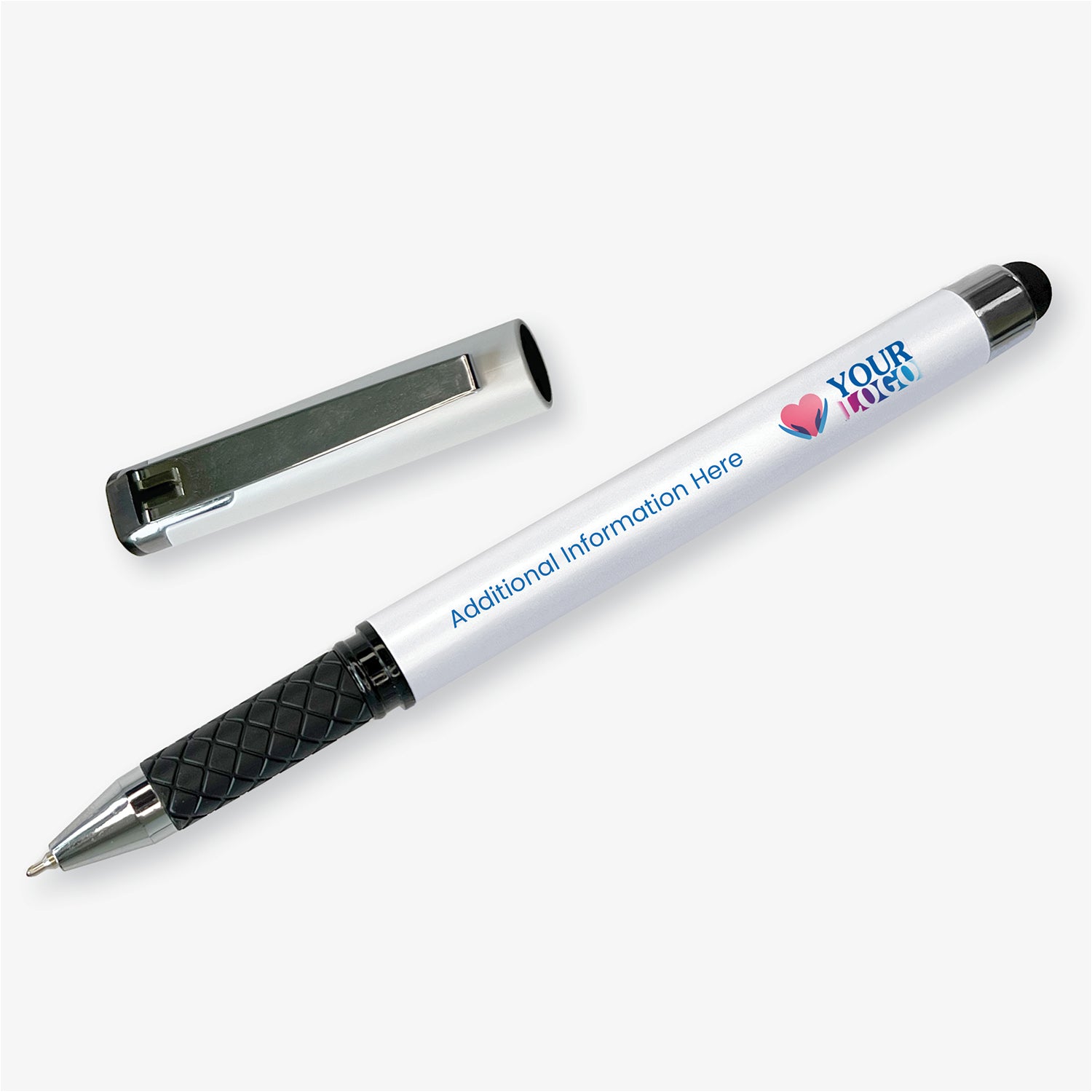 Uncapped white personalised rollerball pen displayed diagonally beside its matching cap, with a textured black grip and stylus end.