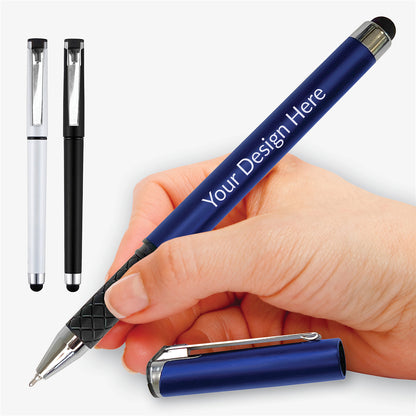Blue personalised rollerball pen held in a writing position, with white and black colour options and the removable cap also shown.