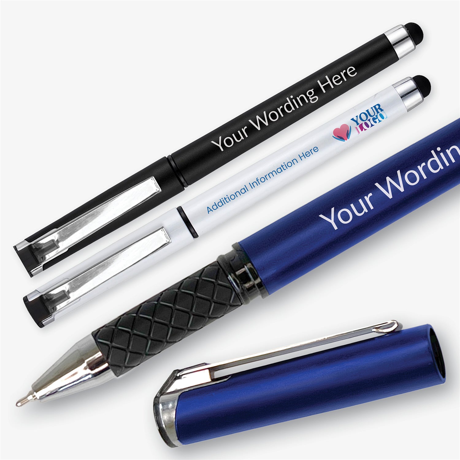 Personalised rollerball pens in black, white and blue, showing the metal clips, soft stylus ends, textured grips and removable caps.