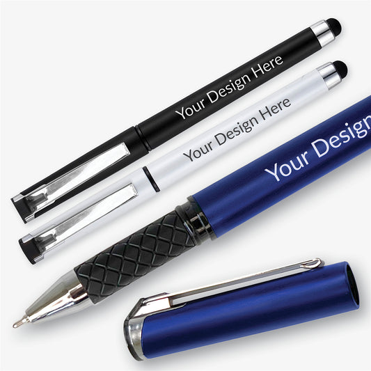 Personalised rollerball pens in black, white and blue, showing the metal clips, soft stylus ends, textured grips and removable caps.