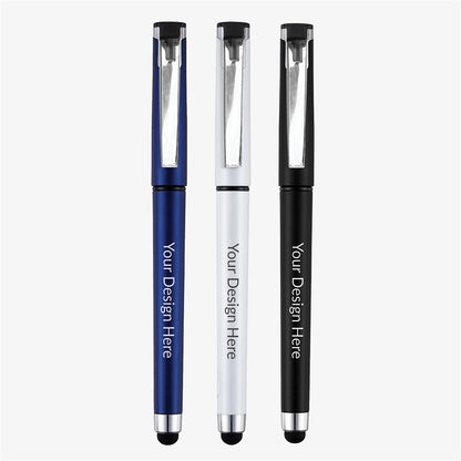 Three capped personalised rollerball pens in blue, white and black, displayed upright with metal clips and soft stylus ends.