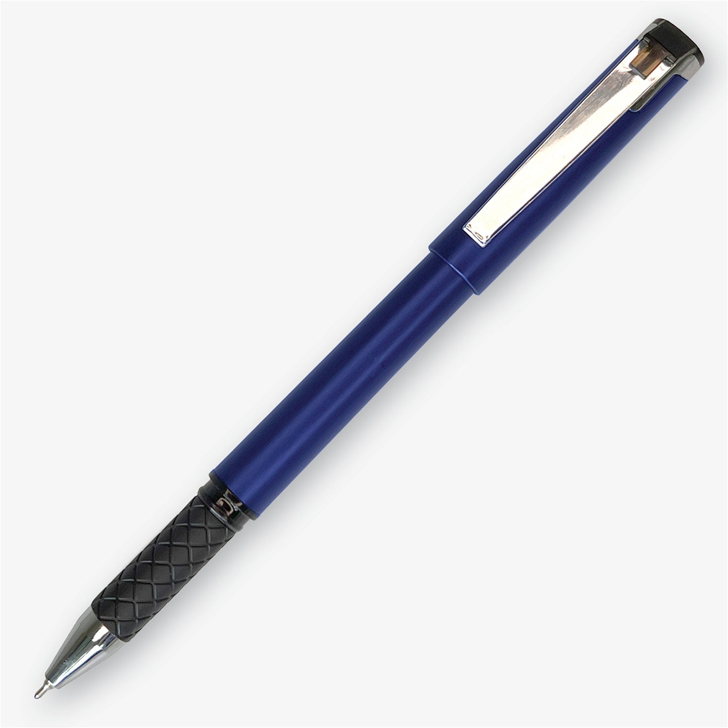 Blue ballpoint pen with a textured black grip, chrome tip and polished metal pocket clip.