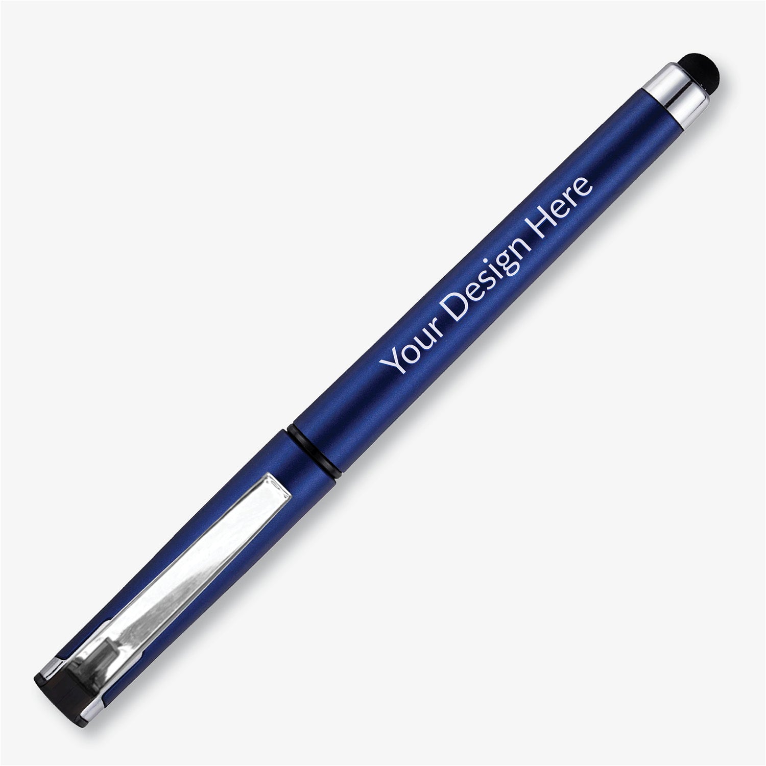 White personalised stylus pen with chrome clip, black tip, Hatton Sports Village logo and contact details.