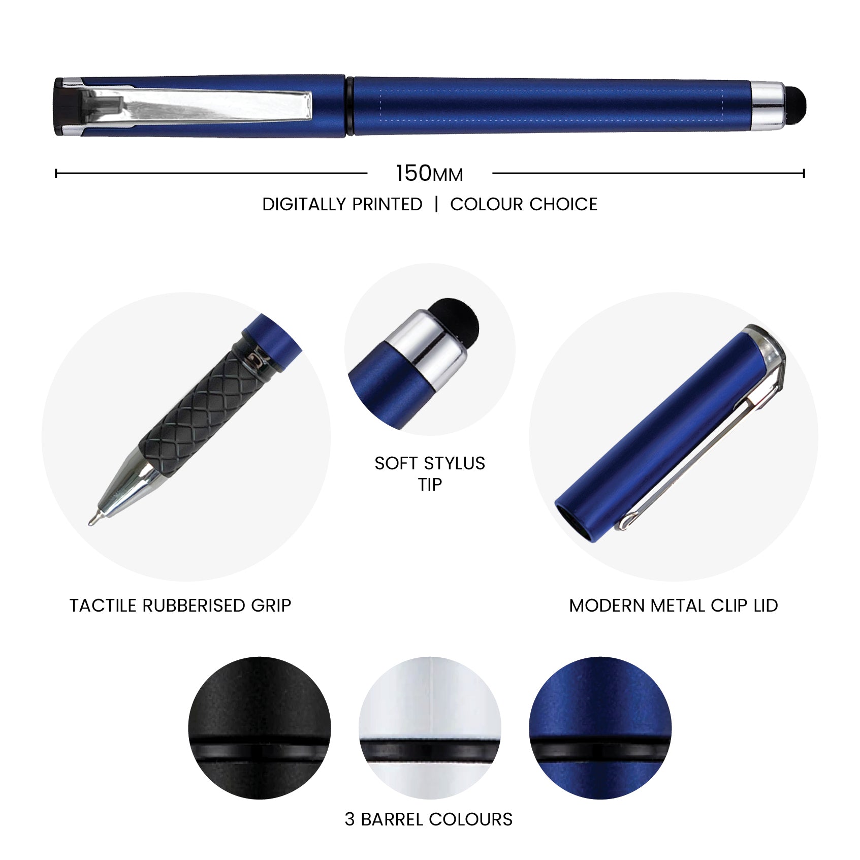 Blue personalised rollerball pen with rubberised grip, soft stylus tip, metal clip lid and three barrel colour options.