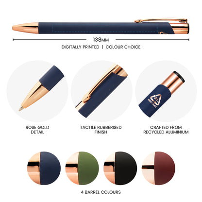 Personalised recycled aluminium ballpoint pen with rubberised finish, rose-gold detailing and four barrel colour options.