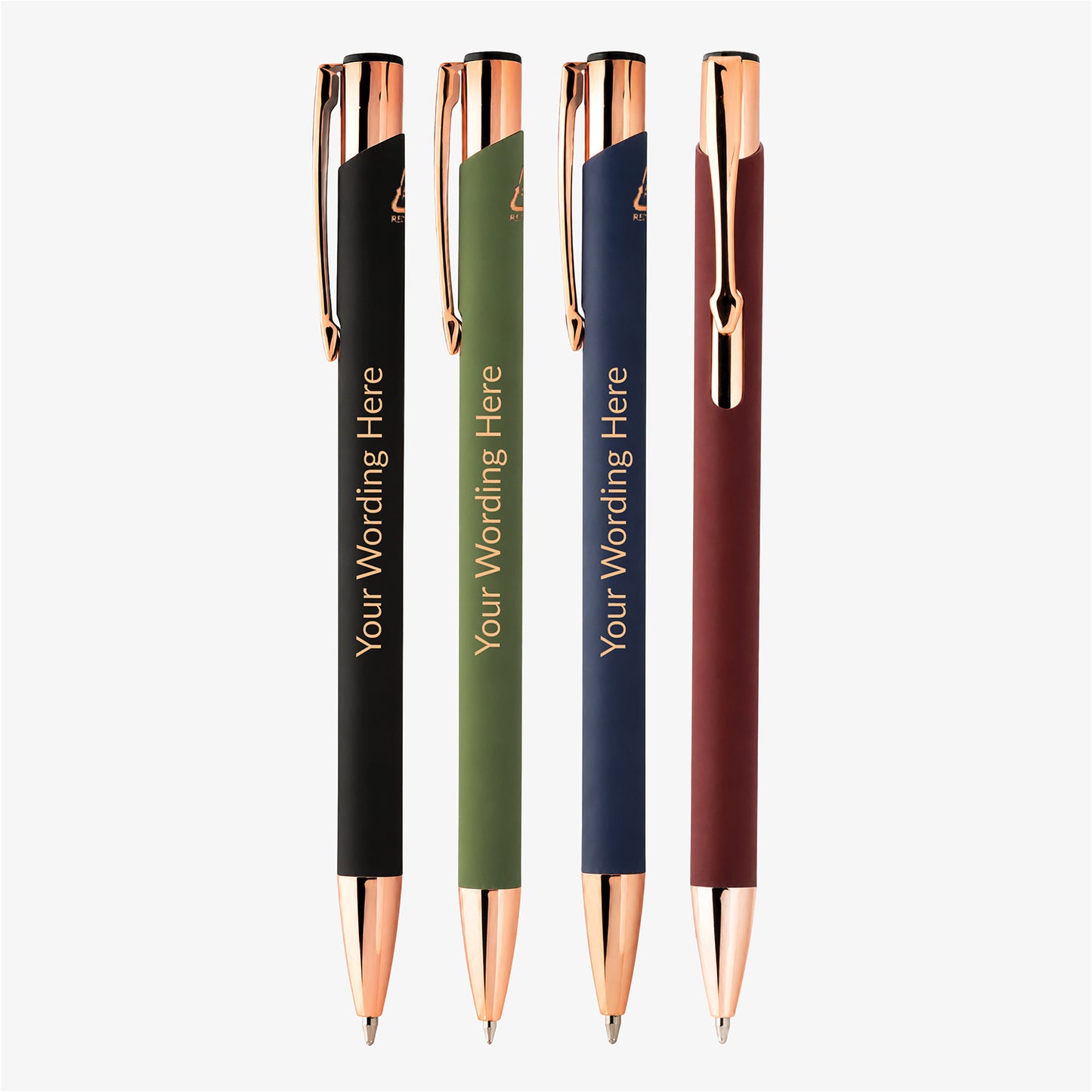 Personalised pens in black, green, navy and burgundy with rose gold trim, displayed upright on a white background.
