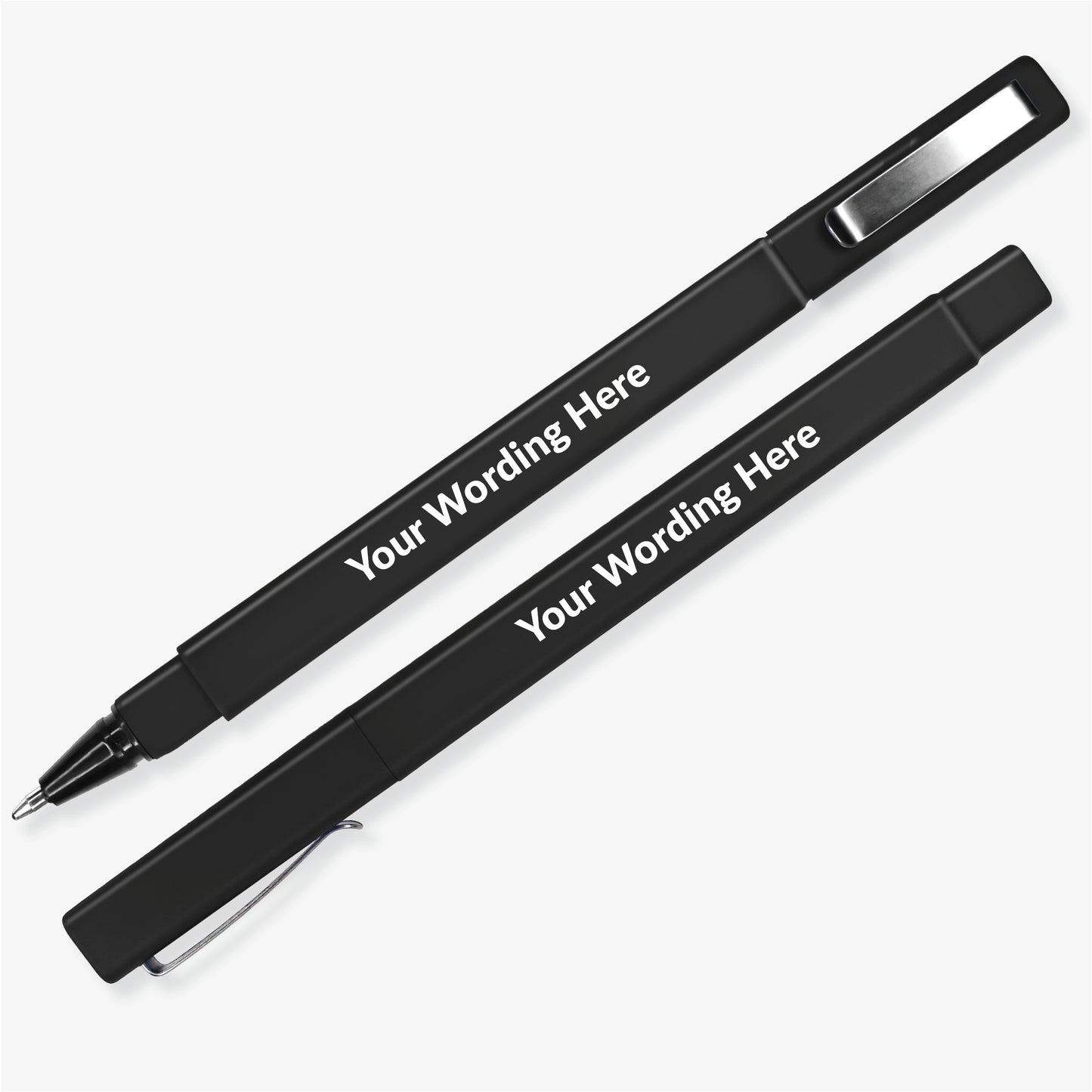 Black, square barrelled, textured ball point pen with  brushed metal clip on the lid.  Placeholder text 'Your Wording Here' on the barrel
