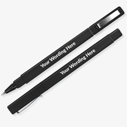 Black, square barrelled, textured ball point pen with  brushed metal clip on the lid.  Placeholder text 'Your Wording Here' on the barrel