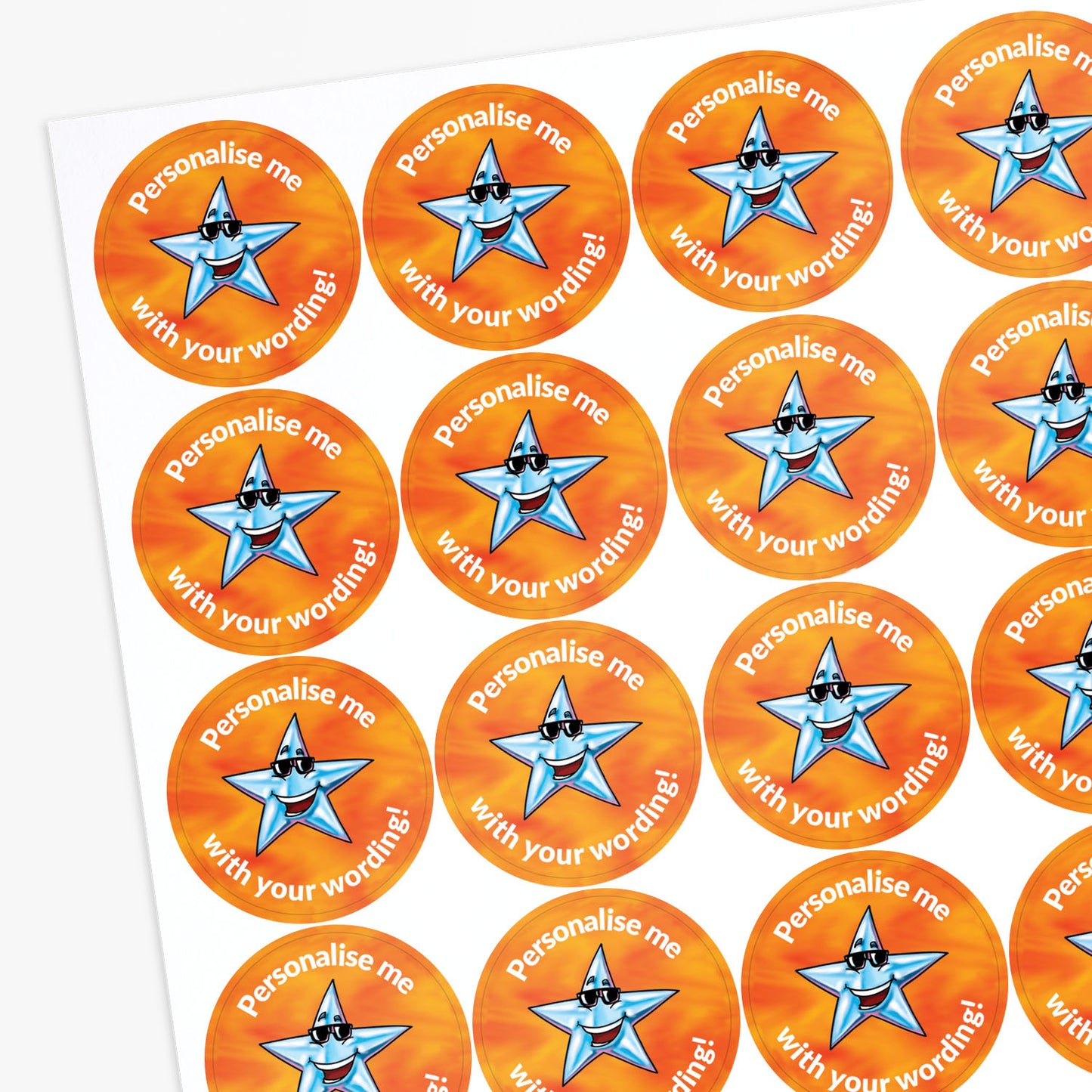 Orange stickers with a silver smiling star as the central image.  Space for personalisation above and below the image.
