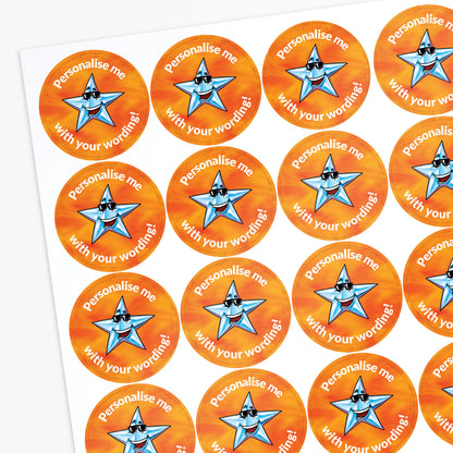 Orange stickers with a silver smiling star as the central image.  Space for personalisation above and below the image.