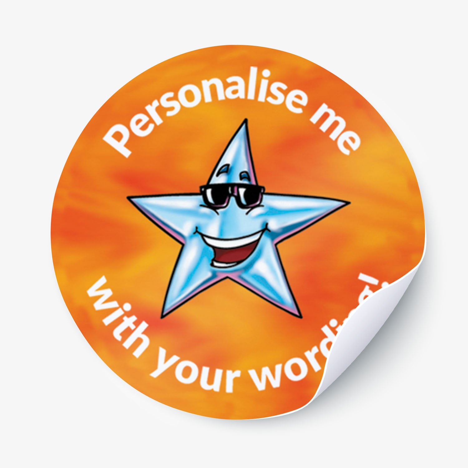 Orange sticker with a silver smiling star as the central image.  Space for personalisation above and below the image.