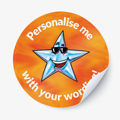 Orange sticker with a silver smiling star as the central image.  Space for personalisation above and below the image.