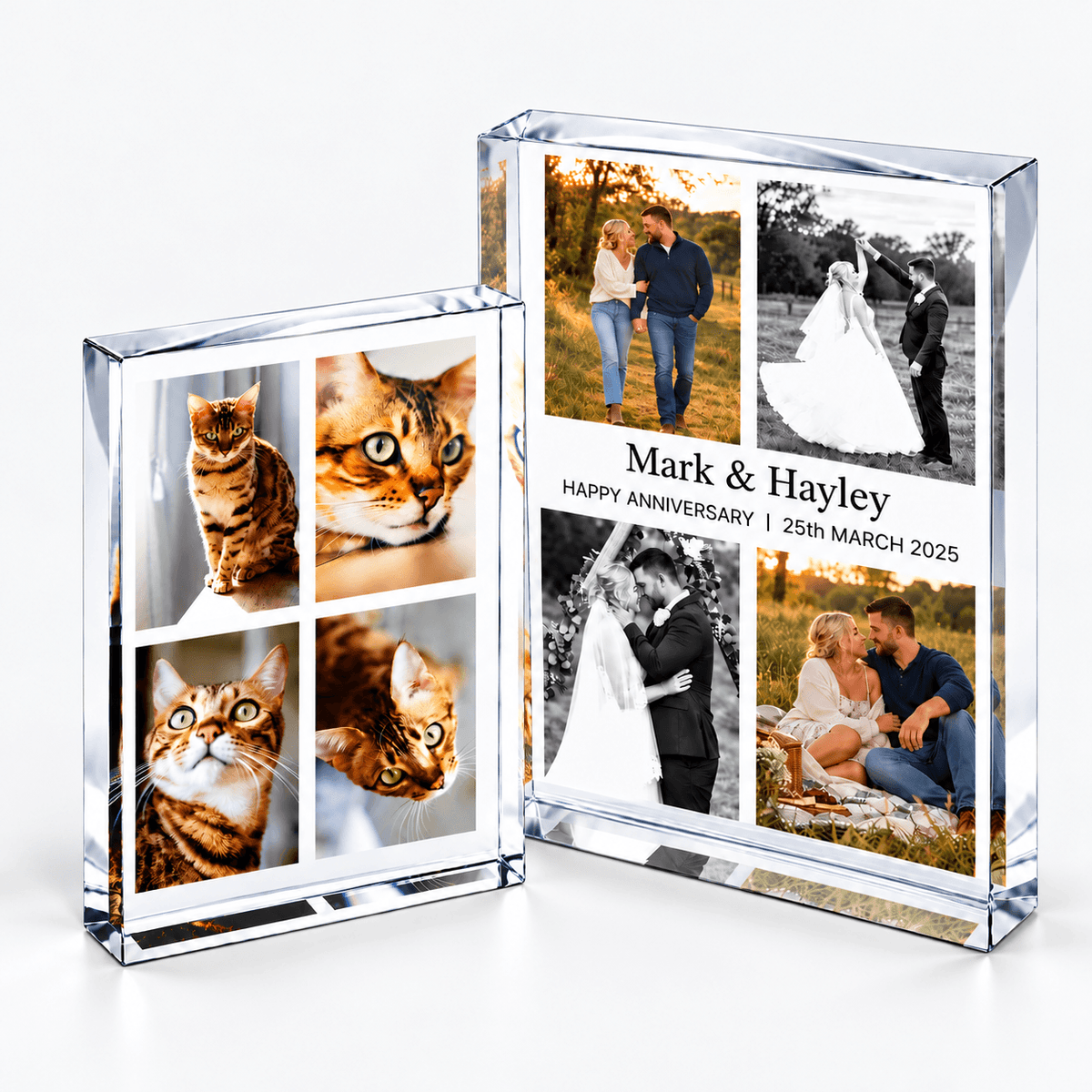Personalised multi photo acrylic blocks in portrait orientation displaying a collage of photographs, shows 2 sizes and option with or without wording.