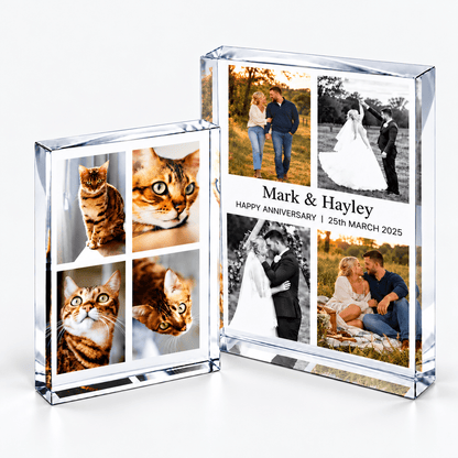 Personalised multi photo acrylic blocks in portrait orientation displaying a collage of photographs, shows 2 sizes and option with or without wording.
