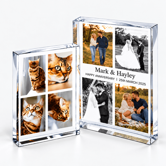 Personalised multi photo acrylic blocks in portrait orientation displaying a collage of photographs, shows 2 sizes and option with or without wording.