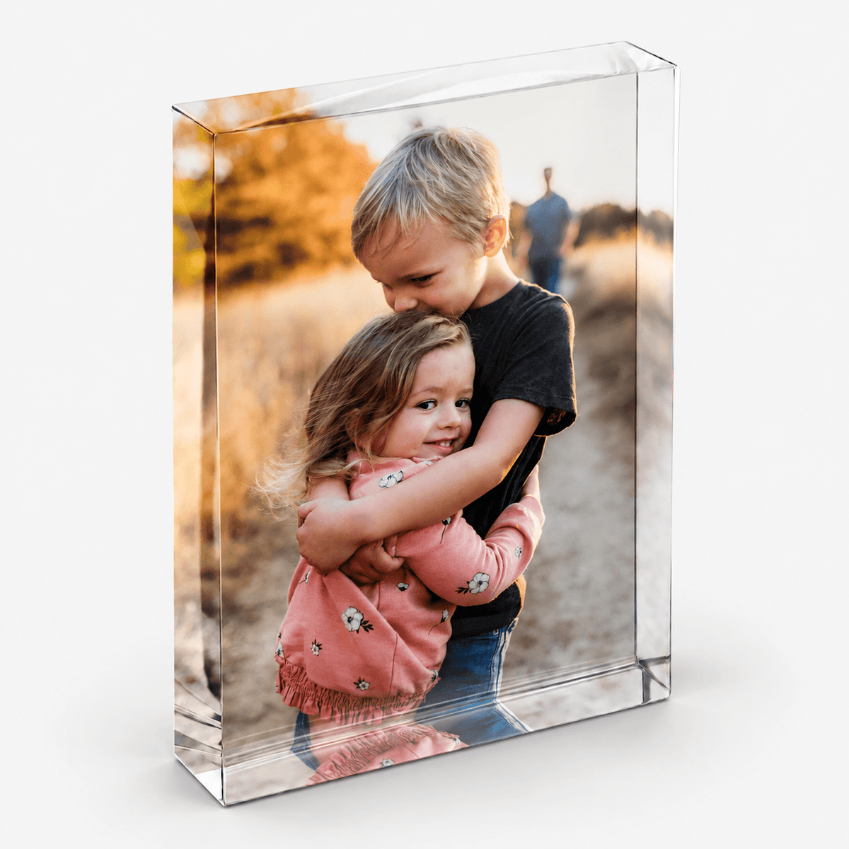 Large personalised acrylic photo block featuring a photograph of two children