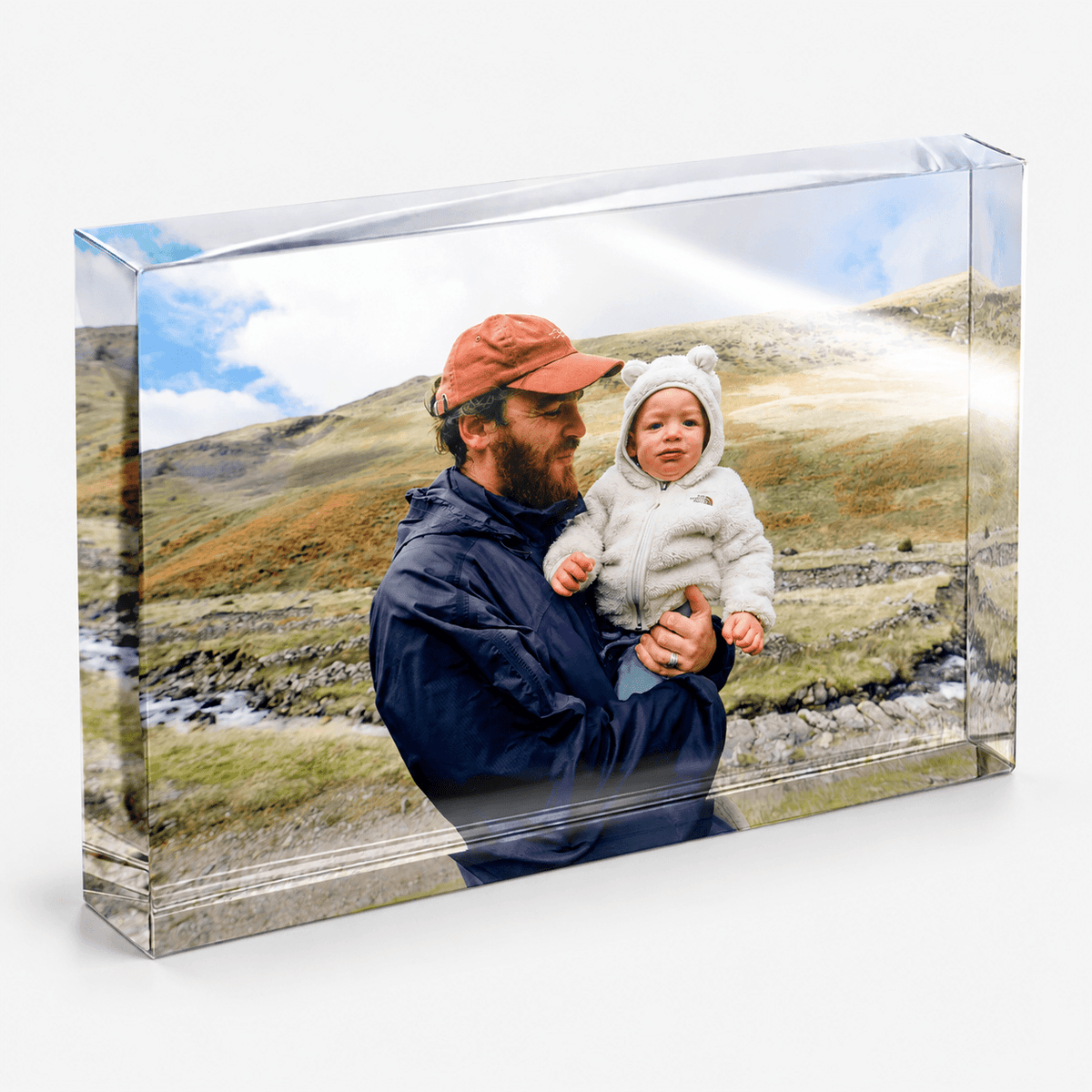 Large landscape acrylic photo block displaying a parent and child photograph