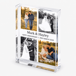 A clear acrylic photo block displaying four wedding and anniversary photographs with personalised wording.