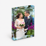 Personalised acrylic photo block with wedding couple photograph in portrait orientation