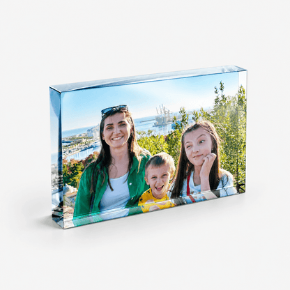 Clear acrylic photo block with family photograph in landscape orientation
