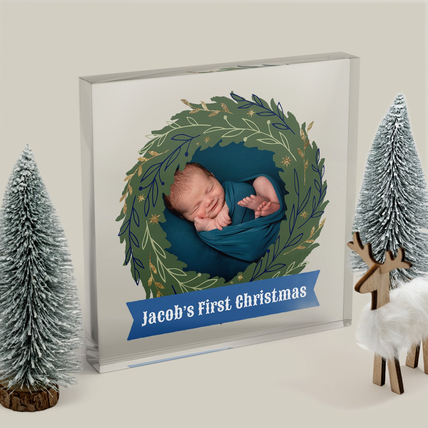 Personalised Photo Upload Christmas Wreath Freestanding Block - 100mm Square