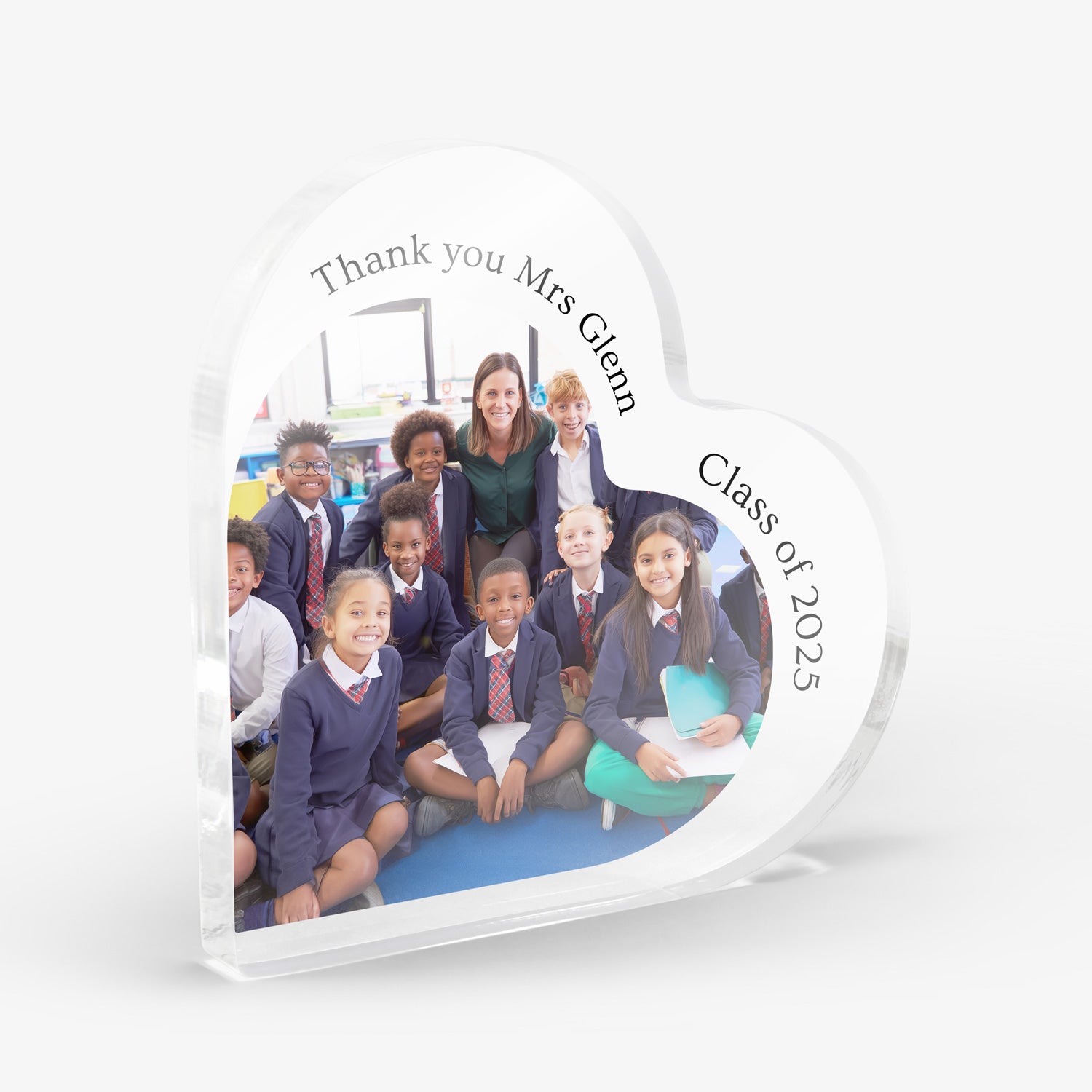 Heart shaped block with a class photo and text 'Thank you Mrs Glenn Class of 2025'. Shown against a white background.