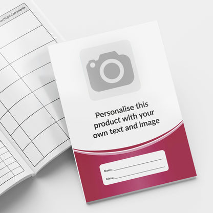 A5-sized personalised reading record books featuring space to upload a loge, personalise text and choose a colour for a curve on the cover of the book; each book contains 40 pages with sections for recording reading progress, parent/teacher comments, and book reviews; designed to support pupils' literacy development and home-school communication in educational settings