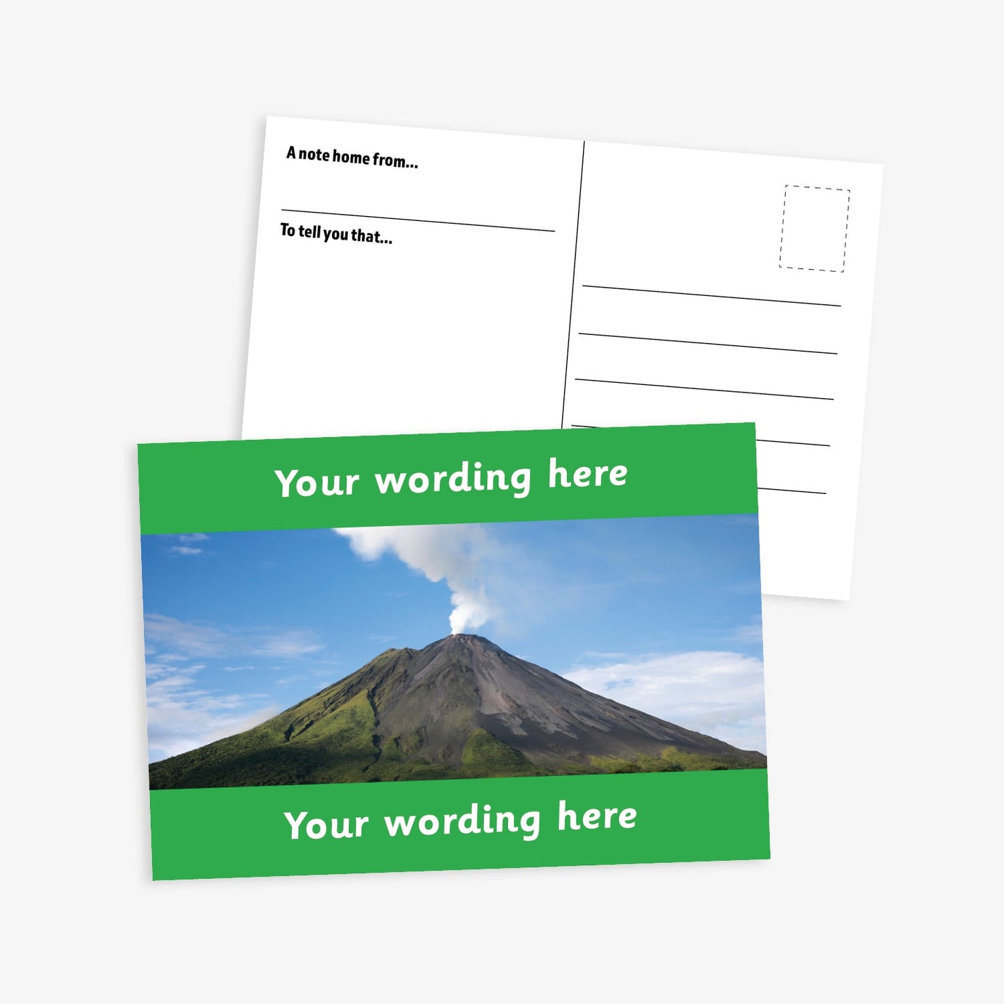 Personalised Volcano A6 Postcard –  features a striking photograph of an active volcano emitting a plume of smoke against a clear blue sky. The image is bordered by green bands at the top and bottom, where custom text can be added. The reverse side includes space for a handwritten message and address, making it perfect for use in geography lessons or as a motivational reward.
