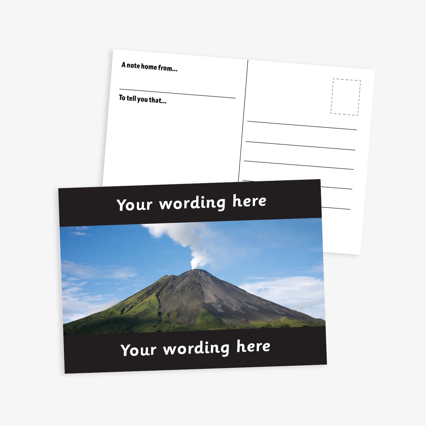 Personalised Volcano A6 Postcard –  features a striking photograph of an active volcano emitting a plume of smoke against a clear blue sky. The image is bordered by black bands at the top and bottom, where custom text can be added. The reverse side includes space for a handwritten message and address, making it perfect for use in geography lessons or as a motivational reward.
