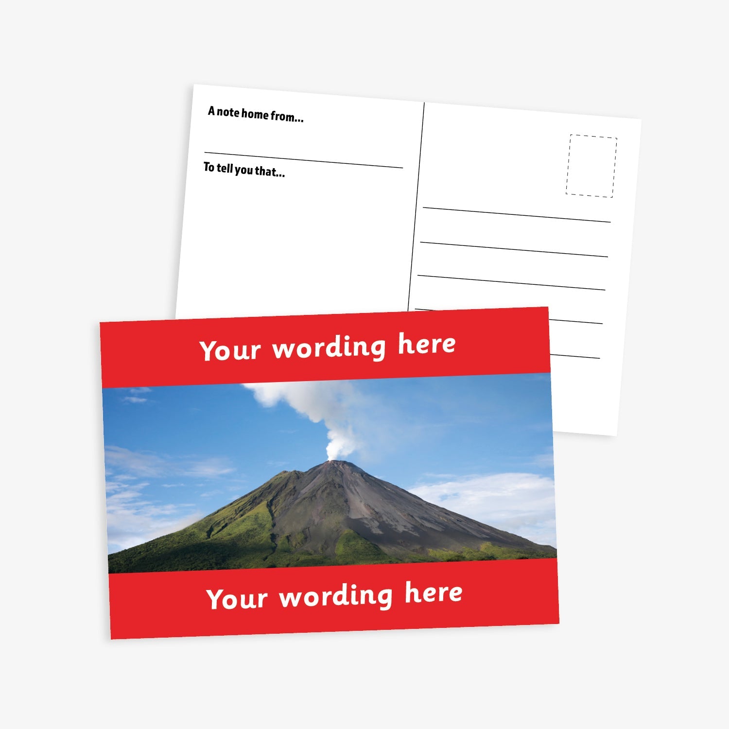 Personalised Volcano A6 Postcard –  features a striking photograph of an active volcano emitting a plume of smoke against a clear blue sky. The image is bordered by red bands at the top and bottom, where custom text can be added. The reverse side includes space for a handwritten message and address, making it perfect for use in geography lessons or as a motivational reward.
