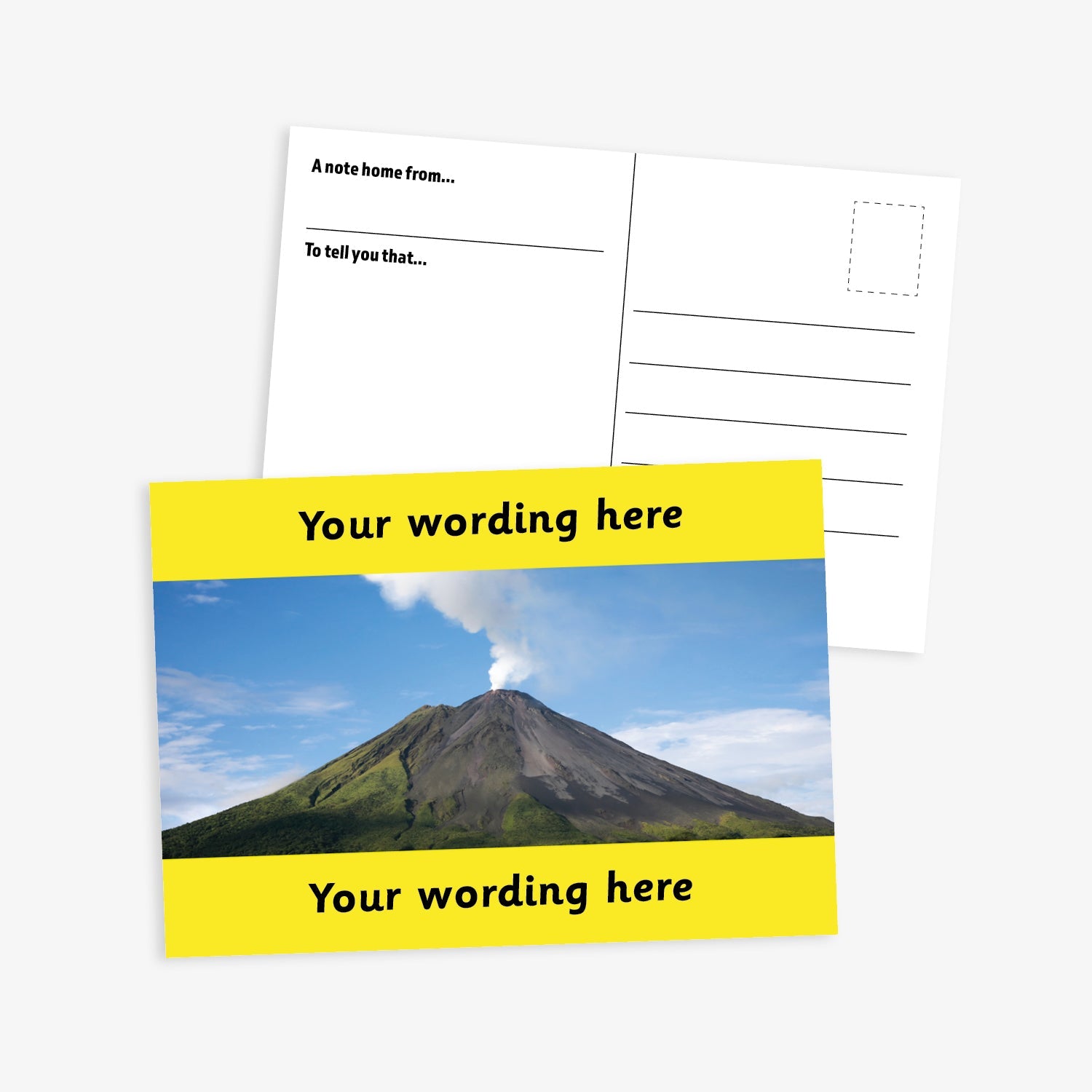 Personalised Volcano A6 Postcard –  features a striking photograph of an active volcano emitting a plume of smoke against a clear blue sky. The image is bordered by yellow bands at the top and bottom, where custom text can be added. The reverse side includes space for a handwritten message and address, making it perfect for use in geography lessons or as a motivational reward.
