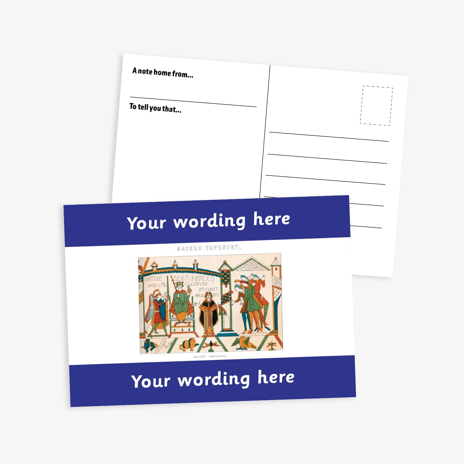 A6-sized personalised postcard featuring a central panel depicting a scene from the Bayeux Tapestry, bordered by deep blue bands above and below with customisable white text; reverse side includes space for a handwritten message and recipient address—ideal for engaging pupils in history-themed activities.