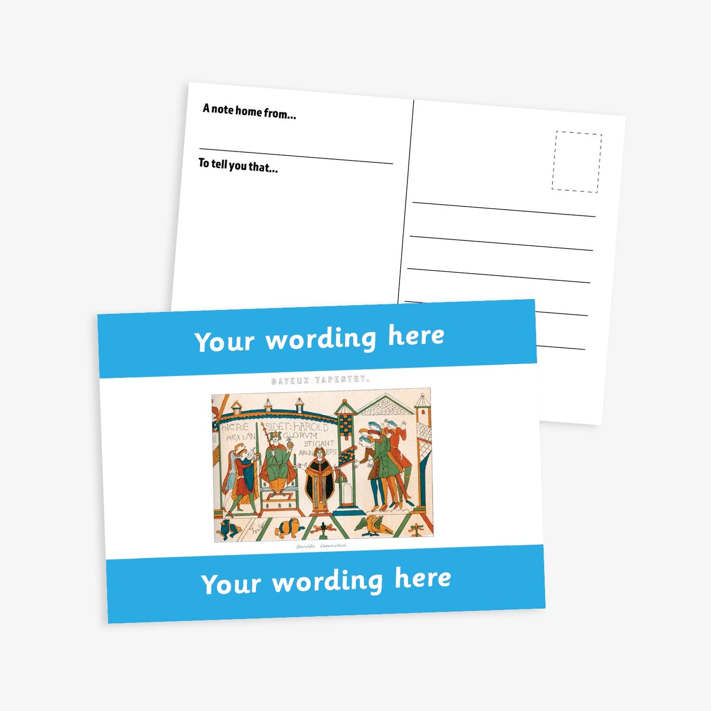 A6-sized personalised postcard featuring a central panel depicting a scene from the Bayeux Tapestry, bordered by bright blue bands above and below with customisable white text; reverse side includes space for a handwritten message and recipient address—ideal for engaging pupils in history-themed activities.