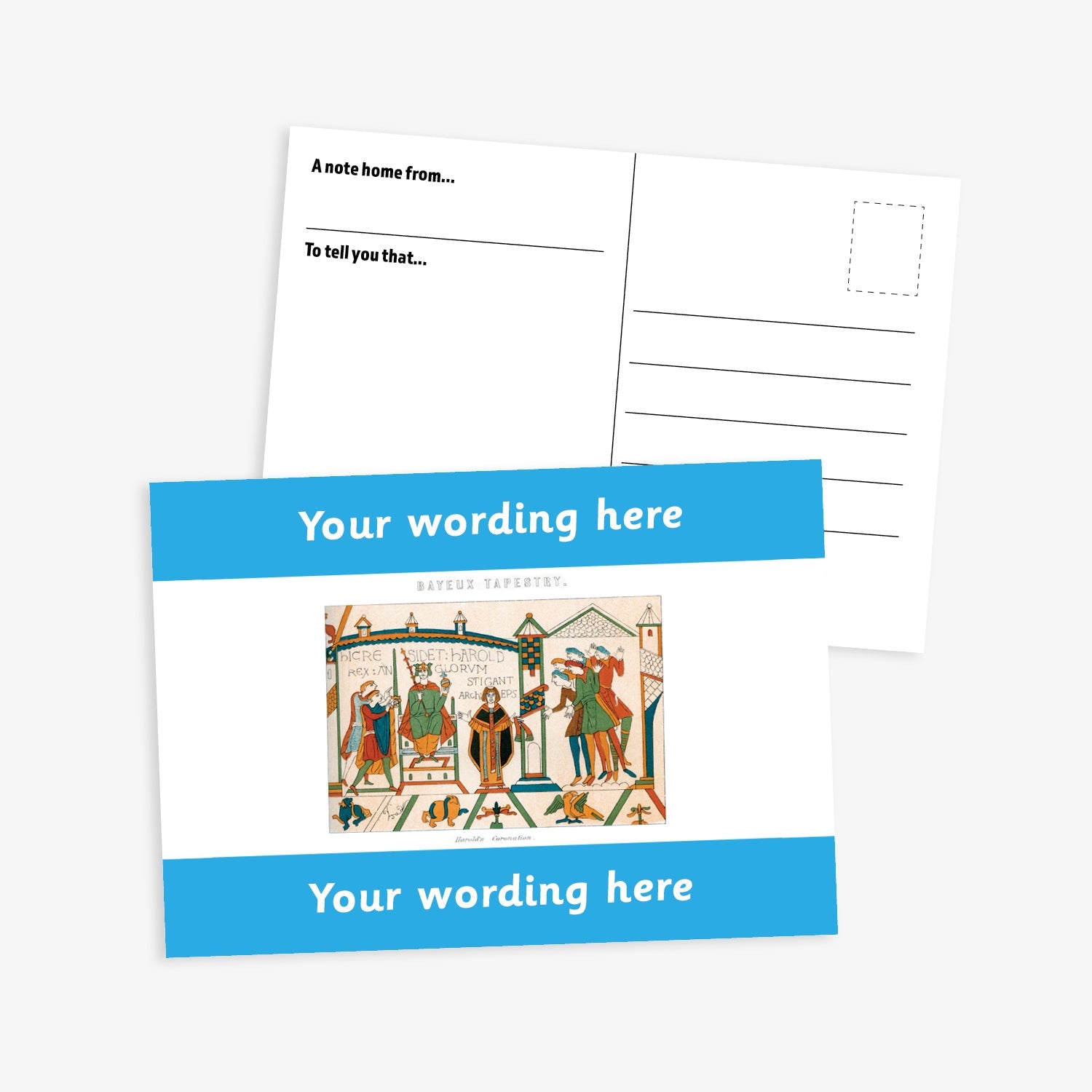 A6-sized personalised postcard featuring a central panel depicting a scene from the Bayeux Tapestry, bordered by bright blue bands above and below with customisable white text; reverse side includes space for a handwritten message and recipient address—ideal for engaging pupils in history-themed activities.