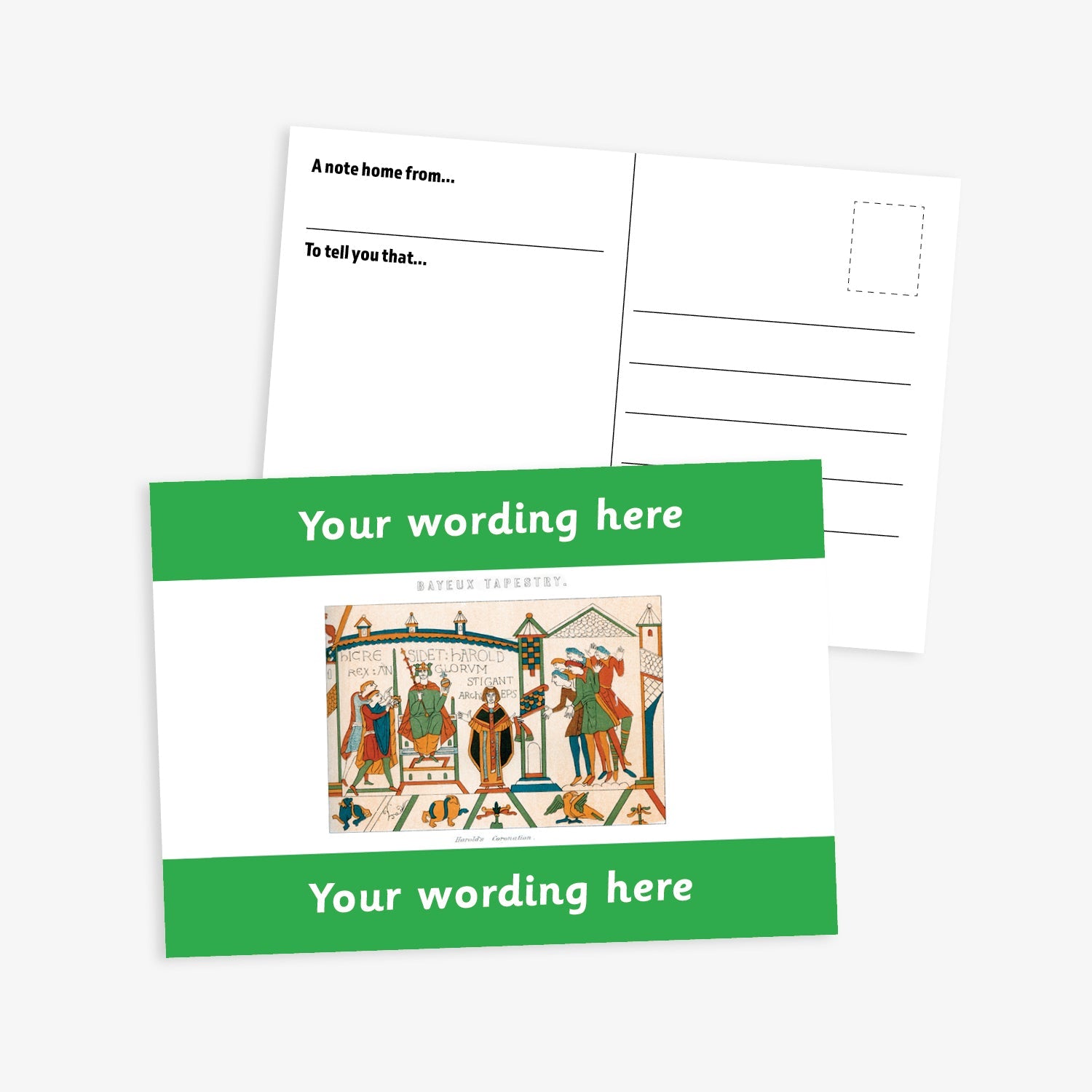 A6-sized personalised postcard featuring a central panel depicting a scene from the Bayeux Tapestry, bordered by green bands above and below with customisable white text; reverse side includes space for a handwritten message and recipient address—ideal for engaging pupils in history-themed activities.
