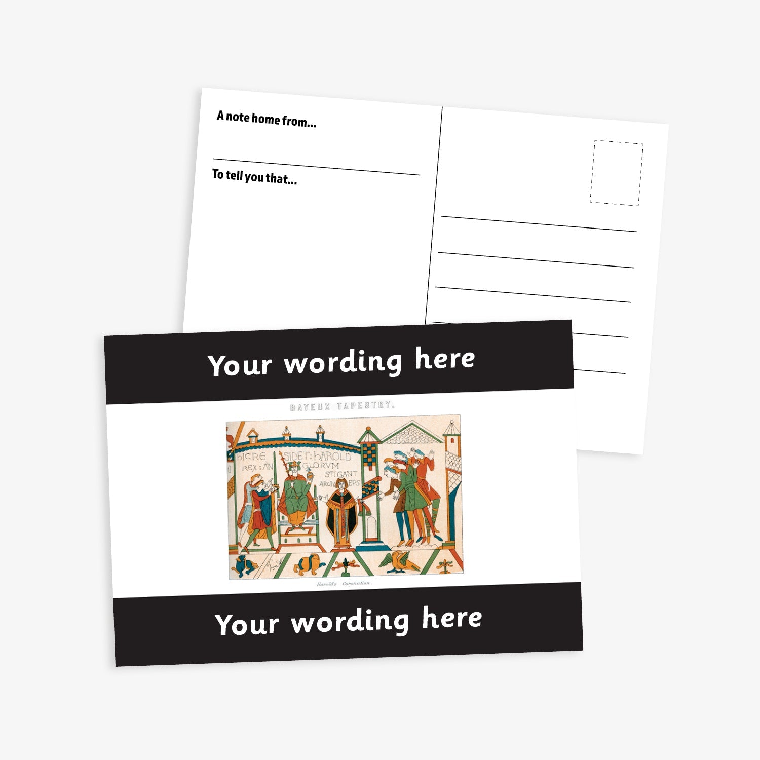 A6-sized personalised postcard featuring a central panel depicting a scene from the Bayeux Tapestry, bordered by black bands above and below with customisable white text; reverse side includes space for a handwritten message and recipient address—ideal for engaging pupils in history-themed activities.
