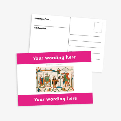 A6-sized personalised postcard featuring a central panel depicting a scene from the Bayeux Tapestry, bordered by bright pink bands above and below with customisable white text; reverse side includes space for a handwritten message and recipient address—ideal for engaging pupils in history-themed activities.