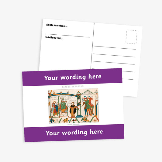 A6-sized personalised postcard featuring a central panel depicting a scene from the Bayeux Tapestry, bordered by purple bands above and below with customisable white text; reverse side includes space for a handwritten message and recipient address—ideal for engaging pupils in history-themed activities.