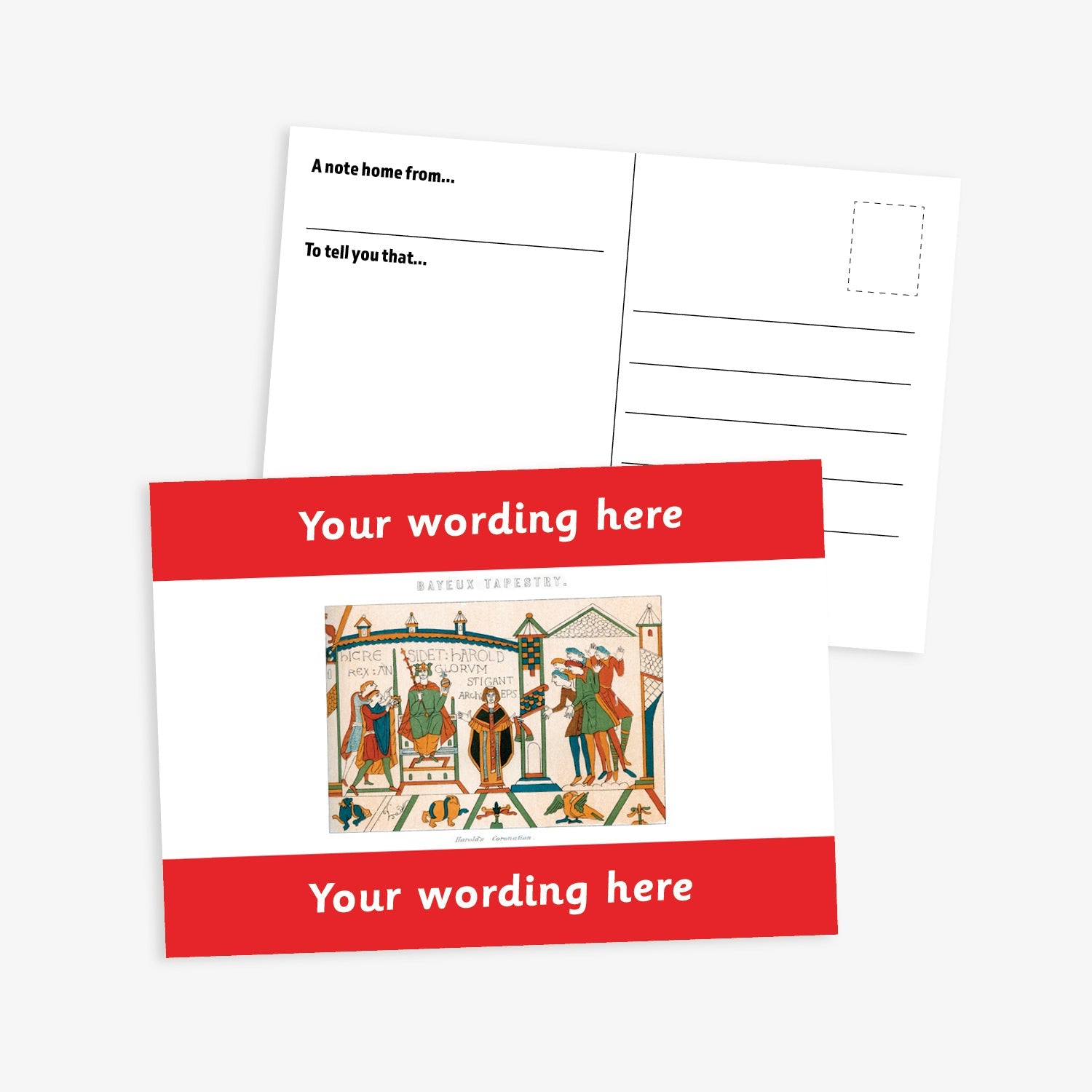 A6-sized personalised postcard featuring a central panel depicting a scene from the Bayeux Tapestry, bordered by red bands above and below with customisable white text; reverse side includes space for a handwritten message and recipient address—ideal for engaging pupils in history-themed activities.
