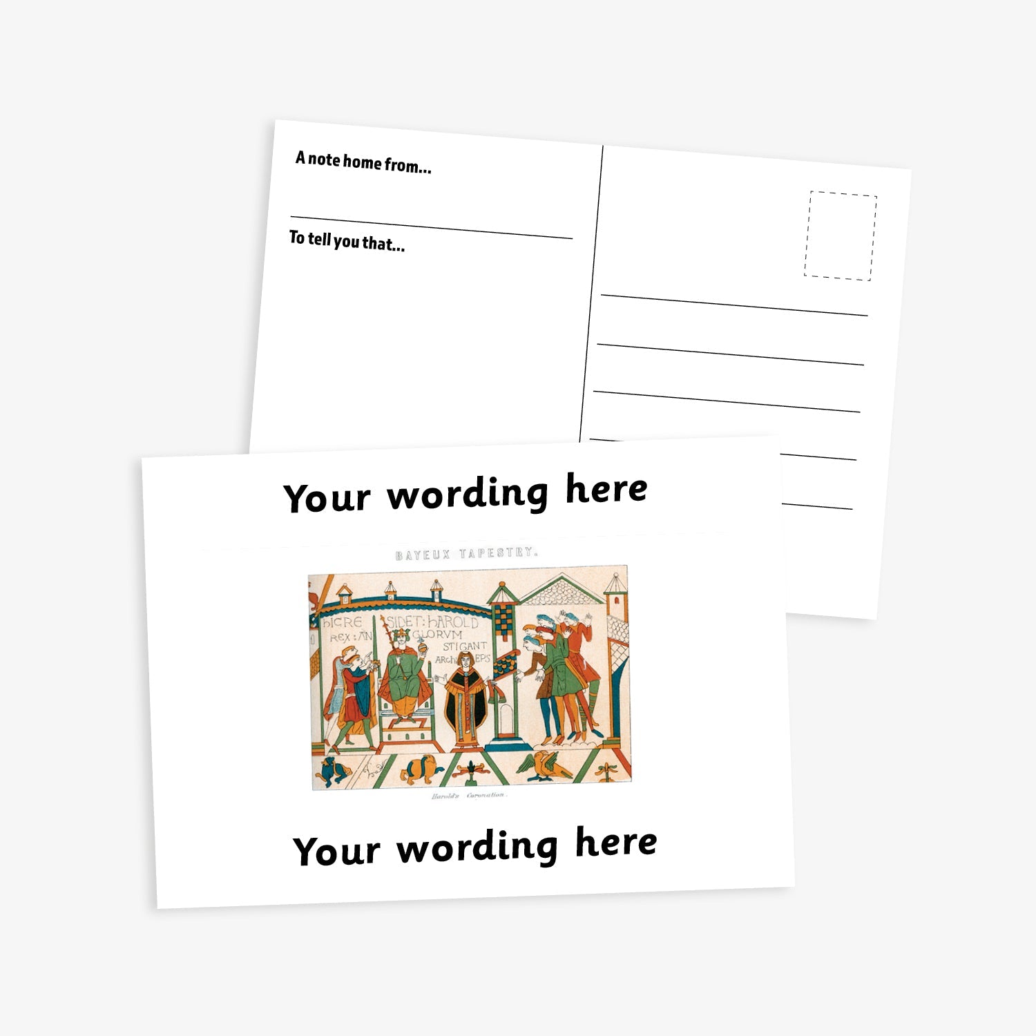 A6-sized personalised postcard featuring a central panel depicting a scene from the Bayeux Tapestry, bordered by white bands above and below with customisable black text; reverse side includes space for a handwritten message and recipient address—ideal for engaging pupils in history-themed activities.